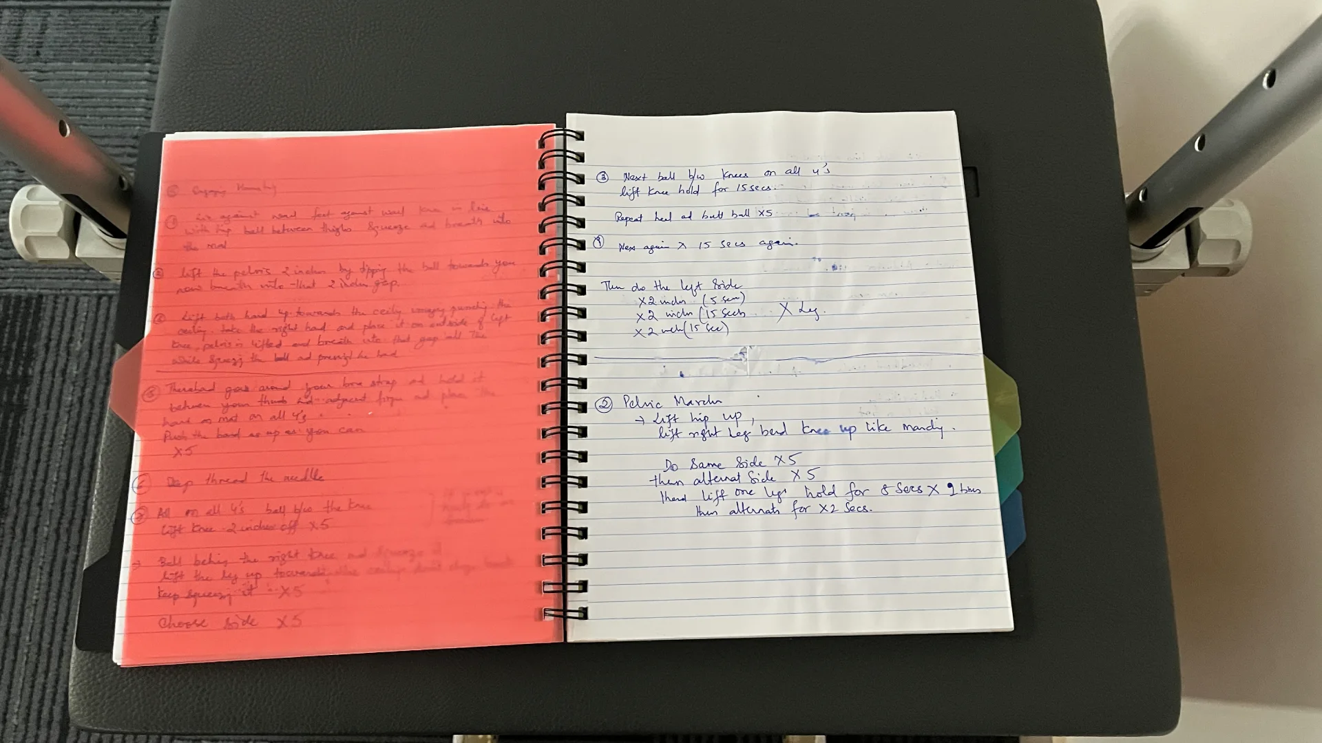 Handwritten session notes resting on Pilates apparatus at a private studio in Bengaluru